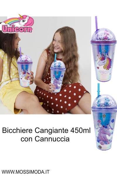*UNICORNO* Bicchiere Cangiante 450ml con Cannuccia Art.SM496