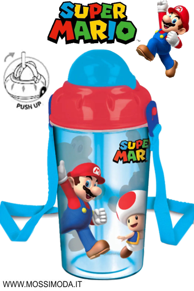 *SUPER MARIO* Borraccia con tracolla e cannuccia PUSH UP ST21422
